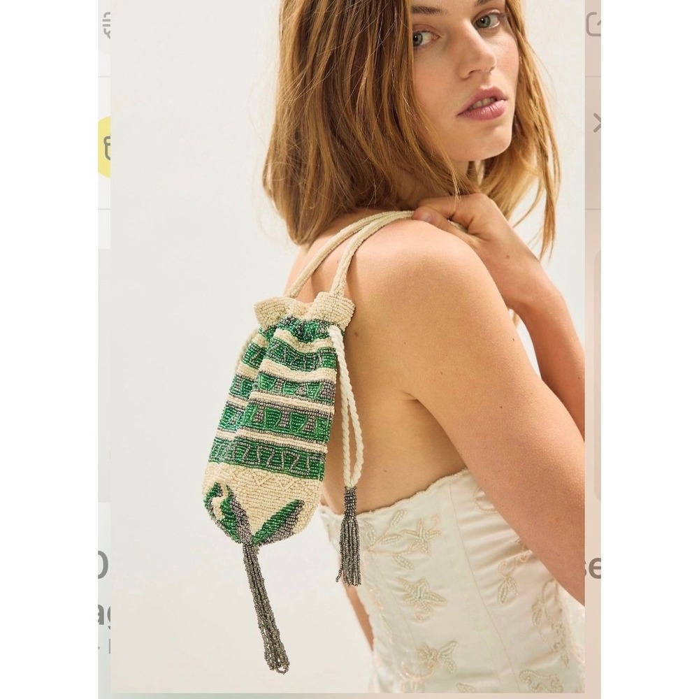 Free People Beaded Tassel Pouch Bag Cream Green Geometric Boho NWT 107563322